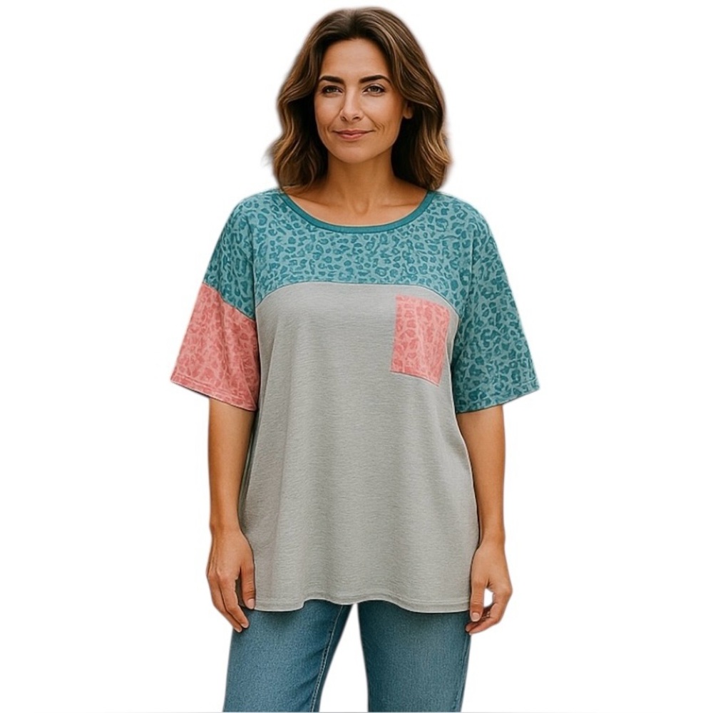 BiBi Colorblock Leopard Print Oversized Tee Round Neck - Short Sleeve XL - Picture 6 of 6